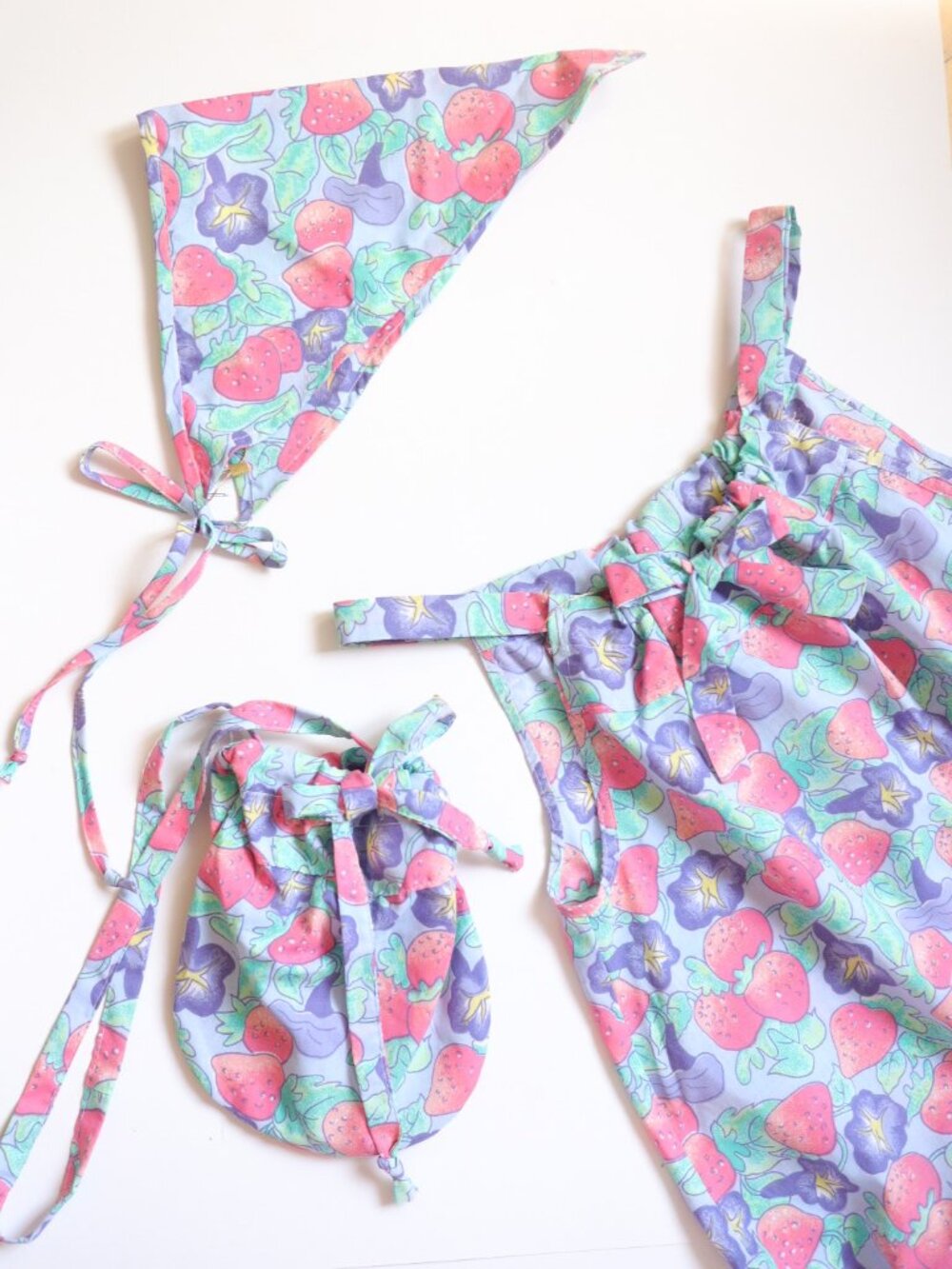 Handmade Strawberry Printed Summer Dress + Bandana + Bag Outfit SET / 8-10Y